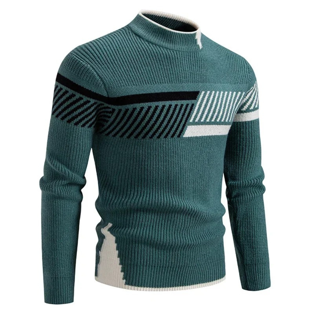 Men's geometric pattern crewneck knit sweater with ribbed texture, long sleeve casual style
