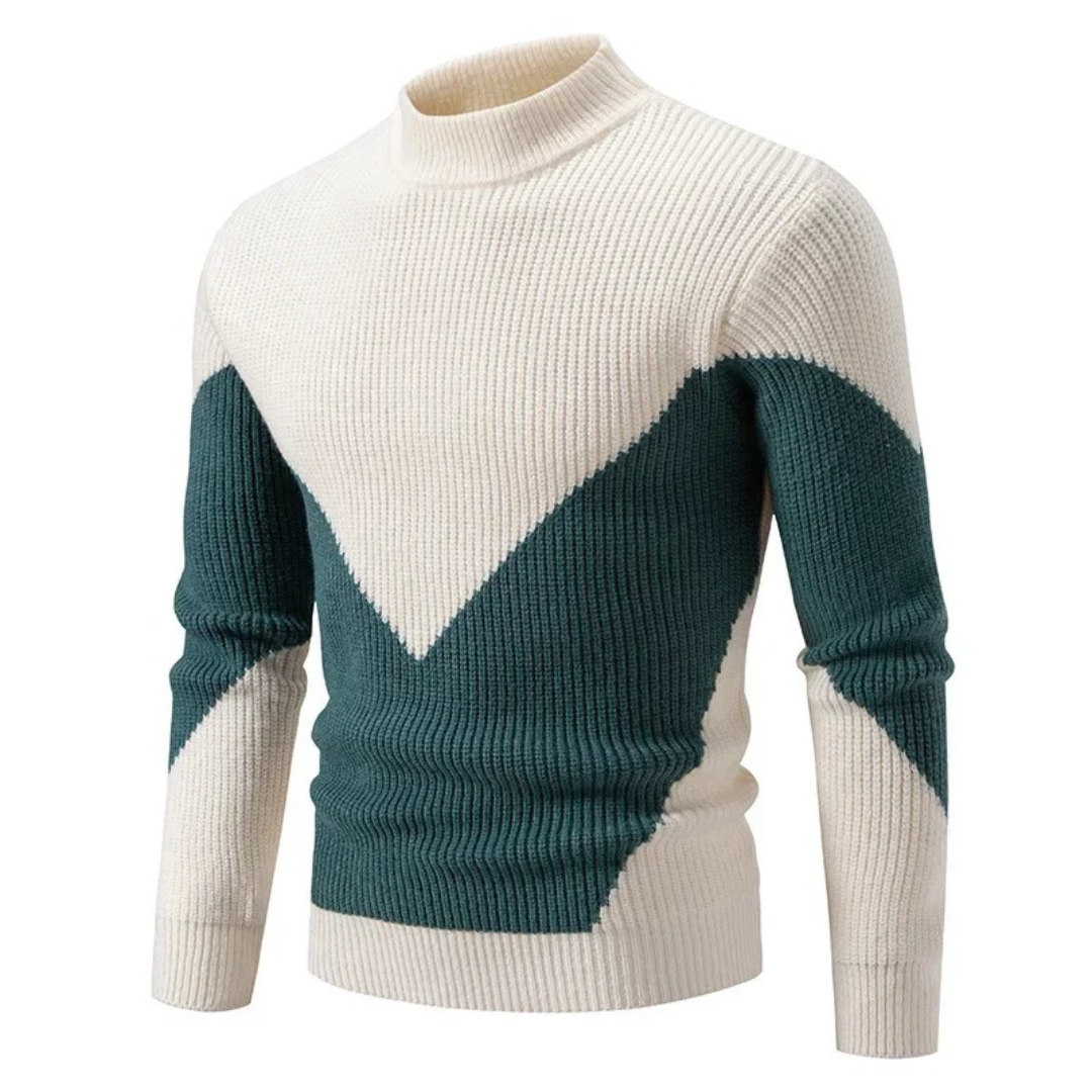 Men's geometric pattern crewneck knit sweater with ribbed texture, long sleeve casual style