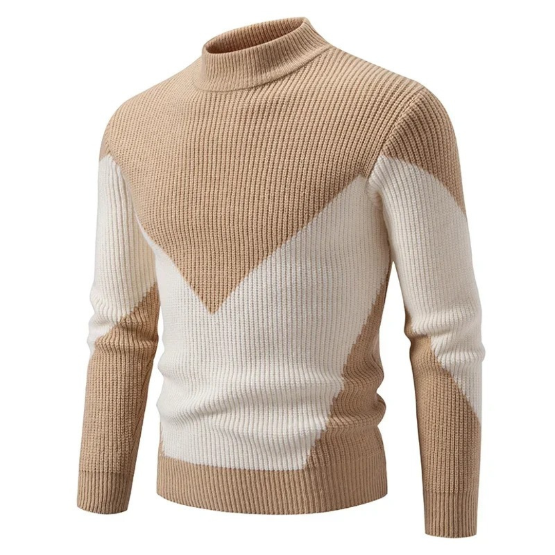 Men's geometric pattern crewneck knit sweater with ribbed texture, long sleeve casual style