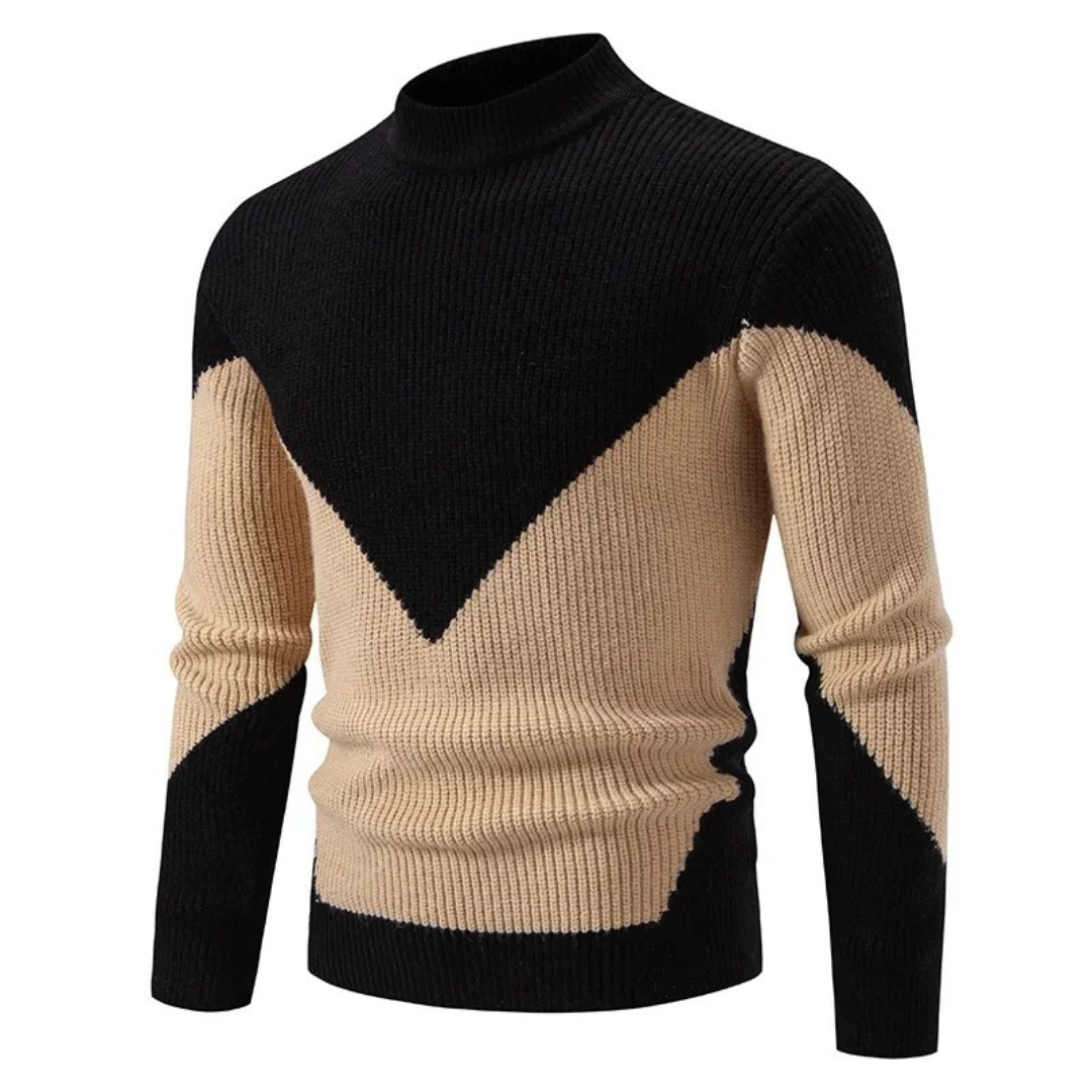 Men's geometric pattern crewneck knit sweater with ribbed texture, long sleeve casual style