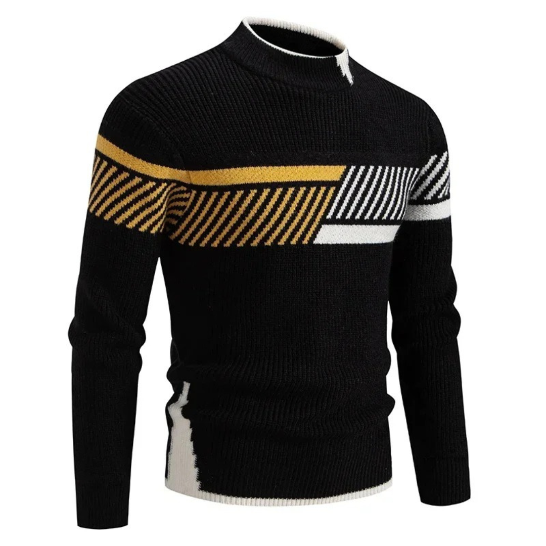 Men's geometric pattern crewneck knit sweater with ribbed texture, long sleeve casual style