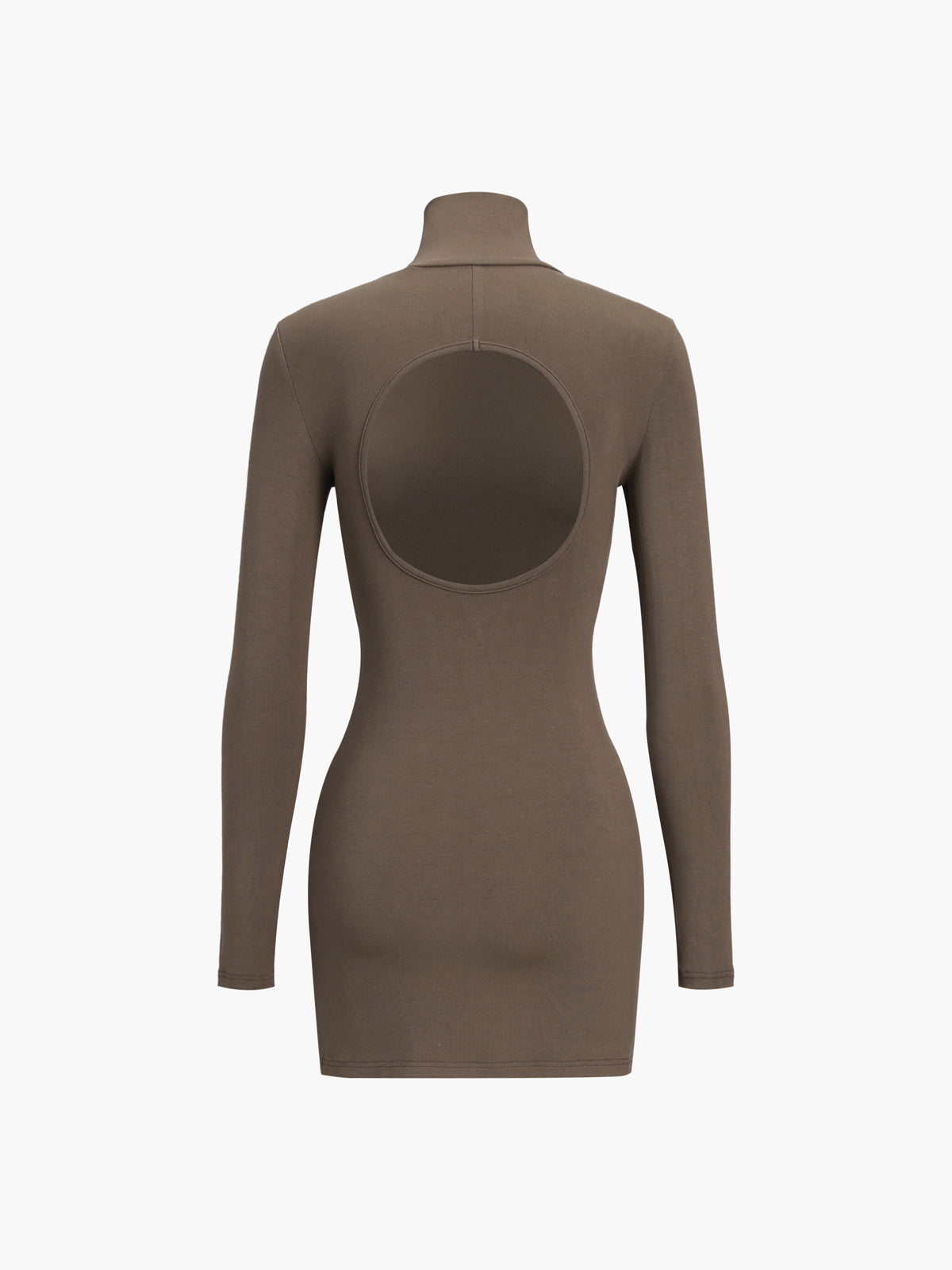 Black turtleneck open-back short dress with long sleeves, sleek minimal silhouette and cutout detail