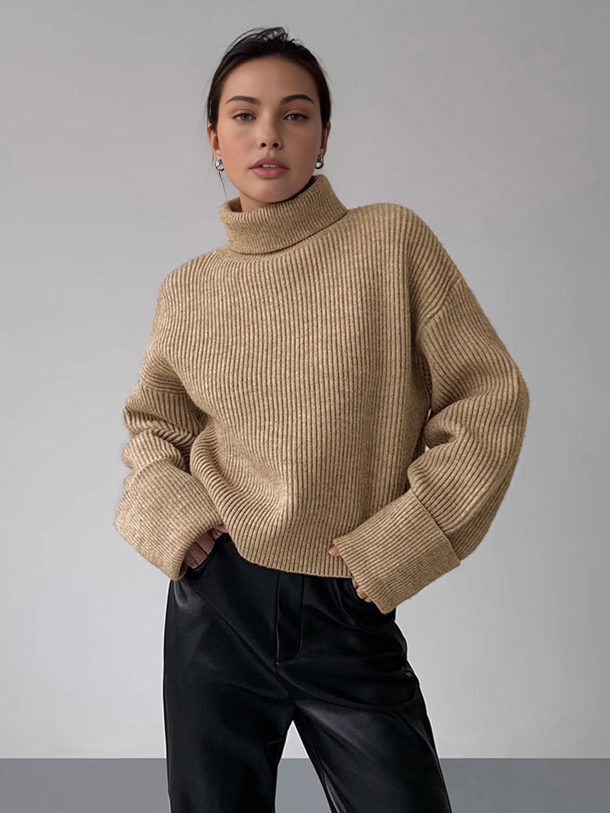 Ribbed turtleneck sweater in neutral knit fabric, casual-elegant shift fit with high stretch