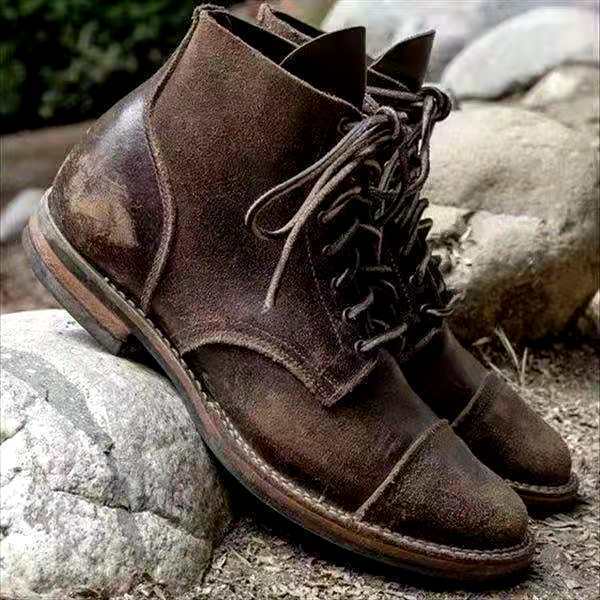 Men's brown leather ankle boots lace-up weather-resistant insulated winter boots warm lining