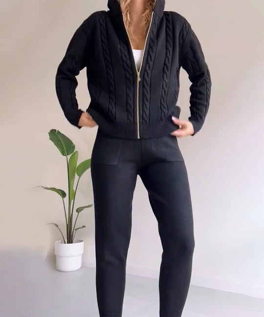 Two-piece coordinated winter set in cozy matching top and bottom for effortless cold-weather style