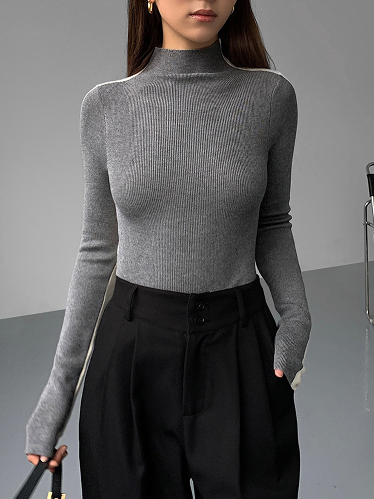 Two-tone double-sided long sleeve knit top casual regular fit reversible design