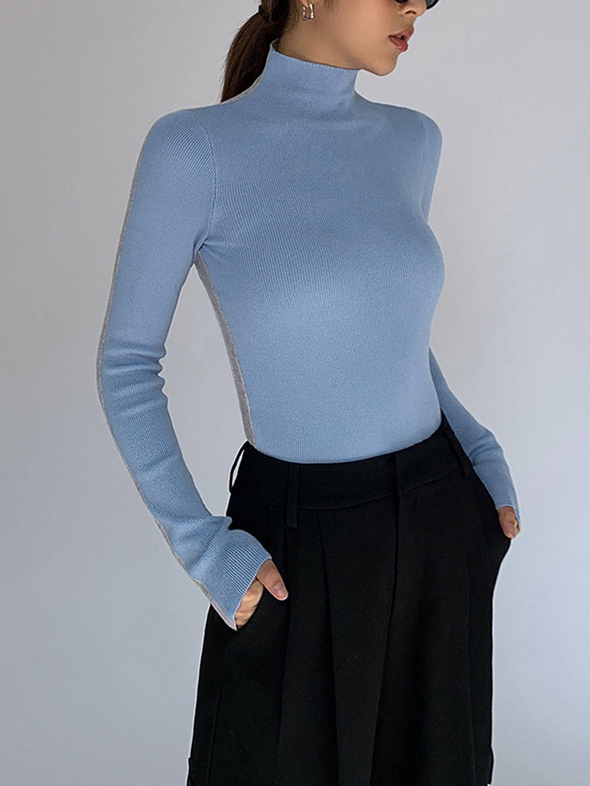 Two-tone double-sided long sleeve knit top in casual regular fit with medium stretch