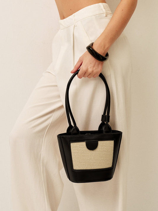 Two-Tone Woven Panel Tote Bag - Wavlynn