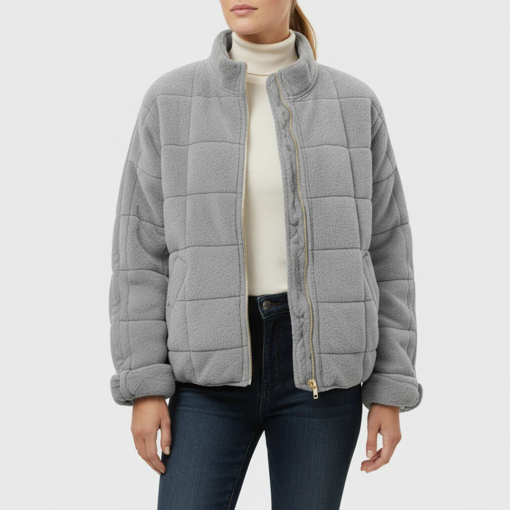 Women's quilted bomber jacket stand collar loose fit versatile outerwear transitional weather style