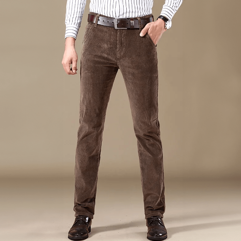 Men's brown corduroy pants casual semi-formal fit ribbed texture warm durable winter trousers by Wavlynn