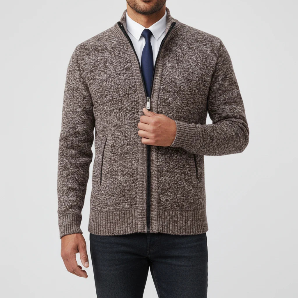 Men's zip-up sweater stand collar slim fit full-length zipper versatile layering office weekend style
