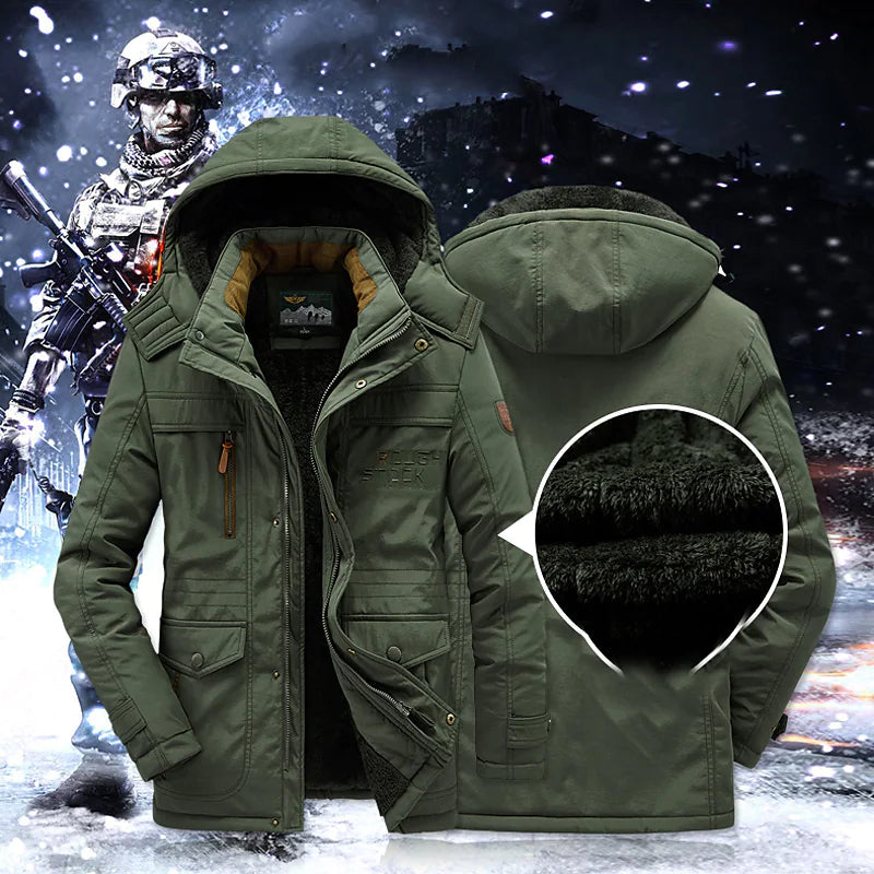Men's heavy-duty insulated winter jacket with hood, waterproof shell, slim fit for outdoor city wear