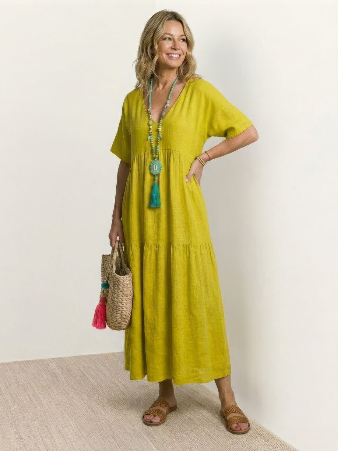 Terracotta women's V-neck tiered maxi swing dress with short sleeves and flowing bohemian silhouette