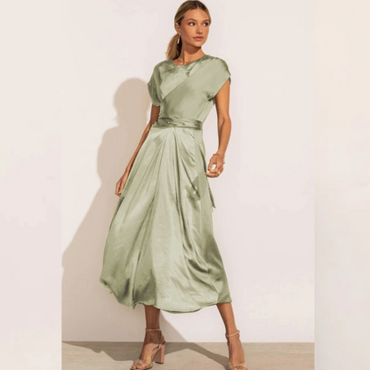 Women's elegant midi dress in A-line wrap silhouette featuring a flattering V-neck Nordic-inspired design