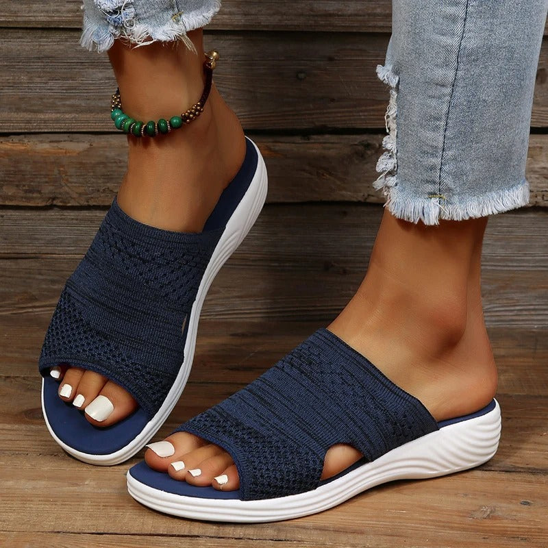 Aria comfort open-toe knit sandals in neutral tones with stretch-knit upper for flexible everyday comfort