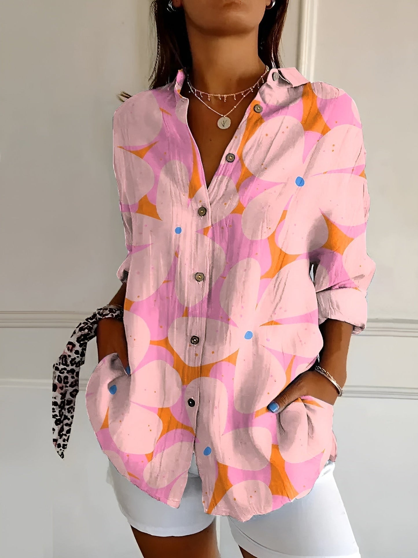 Floral whimsical print chic blouse lightweight breathable fabric flattering comfortable women's fashion top