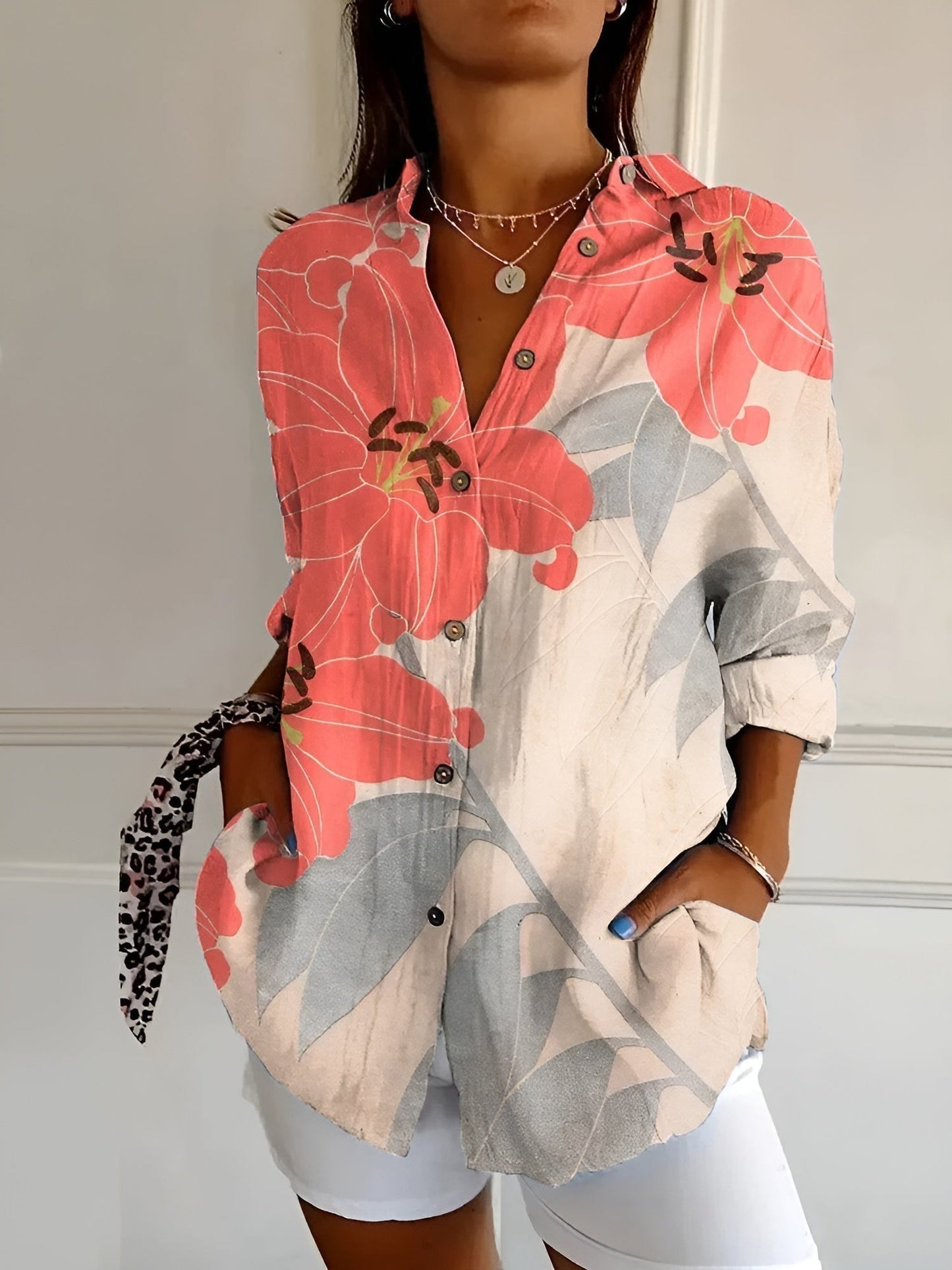Floral print chic blouse lightweight breathable fabric flattering relaxed fit whimsical women's fashion top