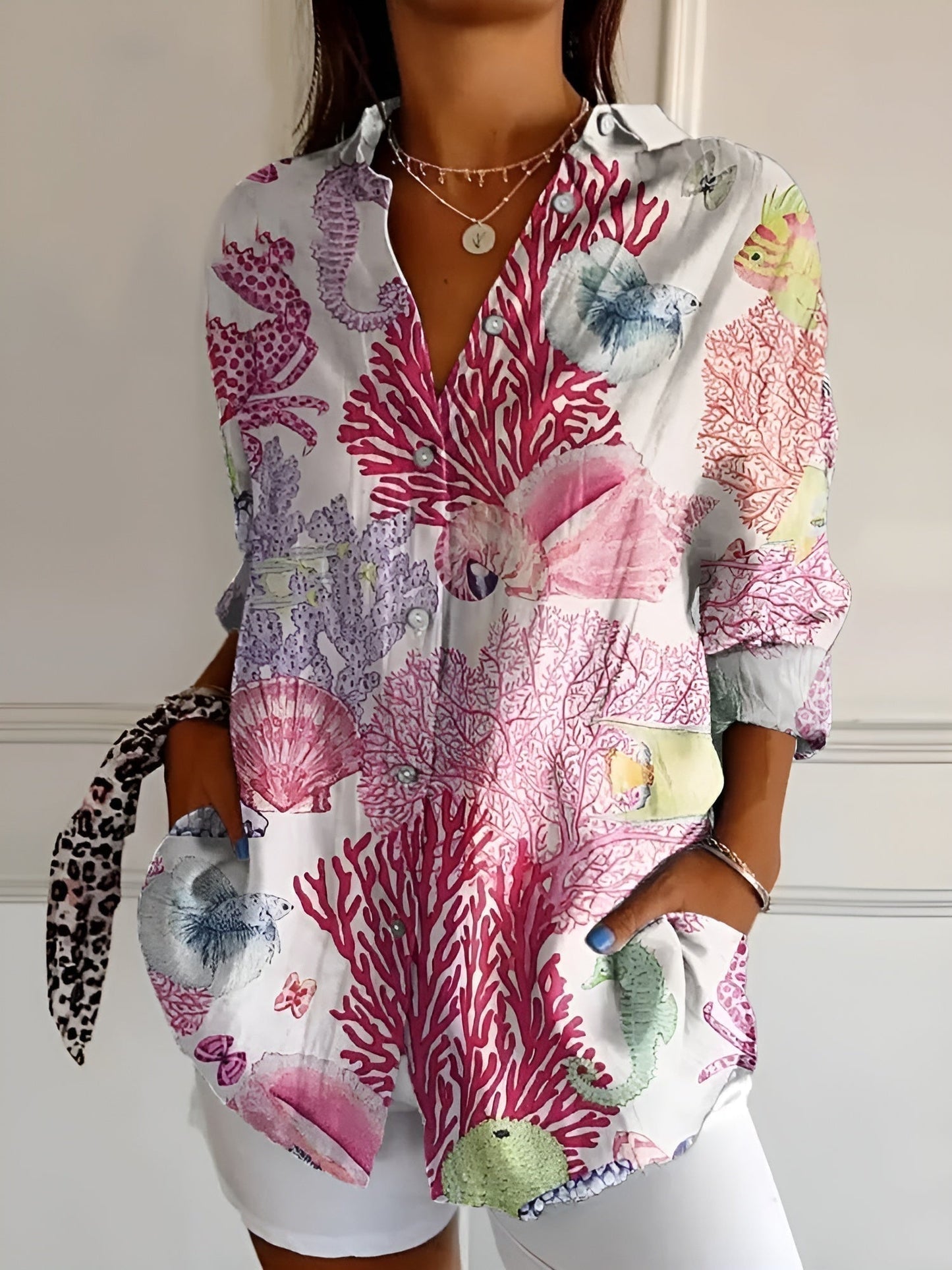 Floral whimsical print chic blouse lightweight breathable fabric flattering comfortable women's fashion top