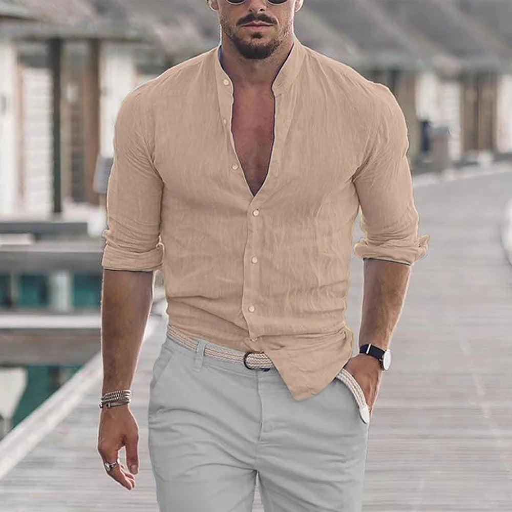 Men's slim fit linen blend shirt with mandarin collar, long sleeve breathable casual smart wear