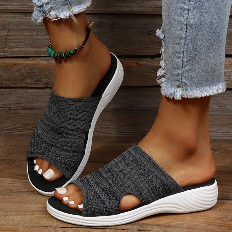 Aria comfort open-toe knit sandals in neutral tones, lightweight stretch-knit upper for everyday comfort