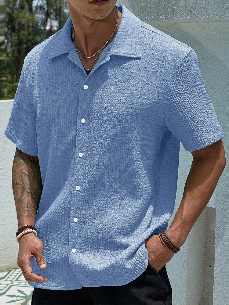 Men's relaxed fit short sleeve shirt textured cotton blend breathable button-front casual summer top