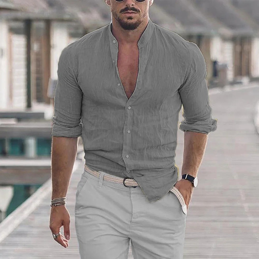 Men's slim fit linen blend shirt with mandarin collar, long sleeve breathable casual smart wear