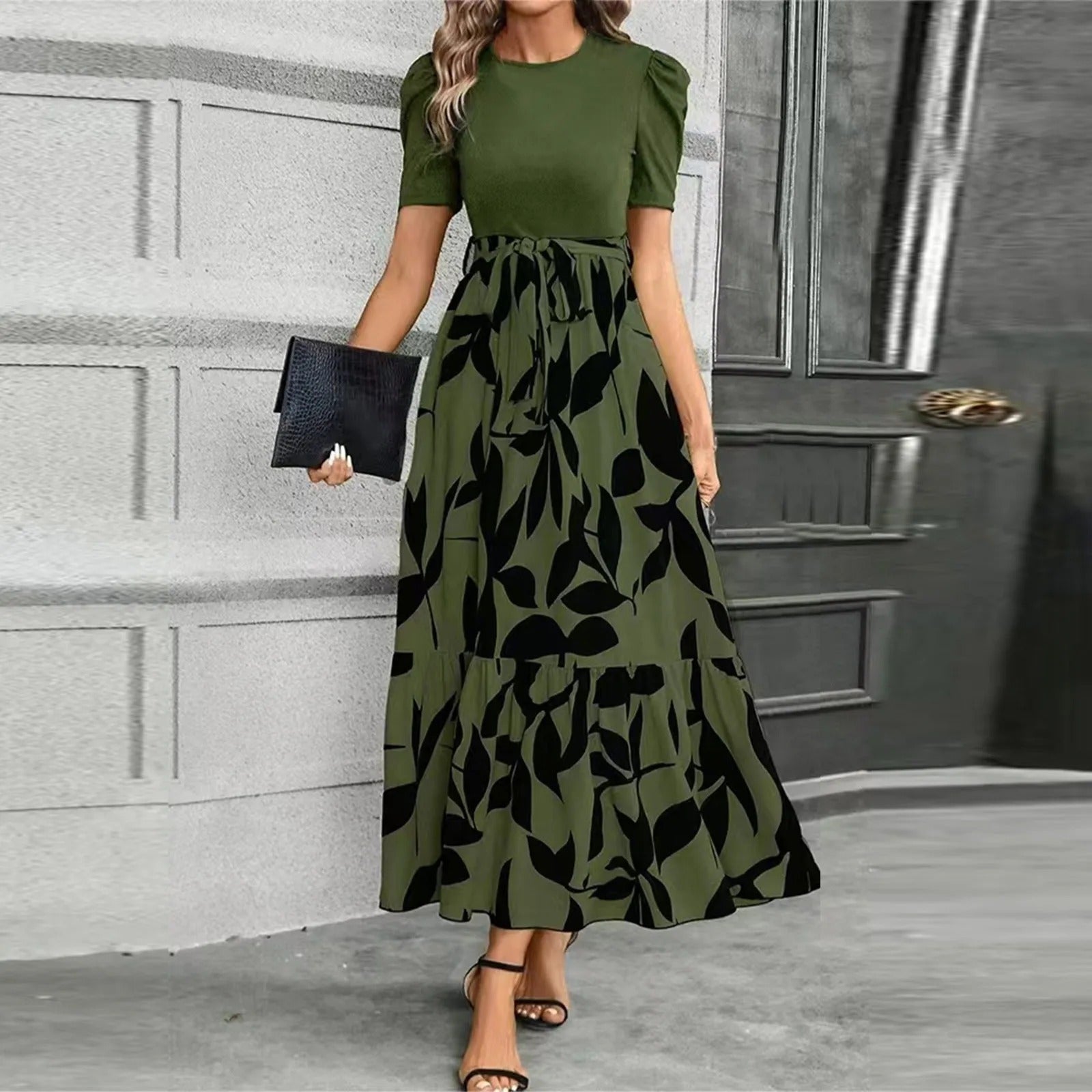 Floral black botanical print maxi dress high-waist A-line silhouette elegant warm-weather style