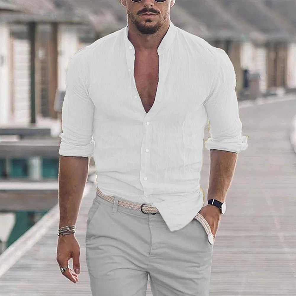 Men's slim fit linen blend shirt with mandarin collar, long sleeve breathable casual smart wear