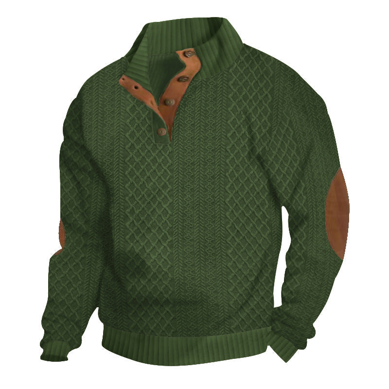 Men's wool cable knit sweater high collar button closure elbow patches Nordic heritage style