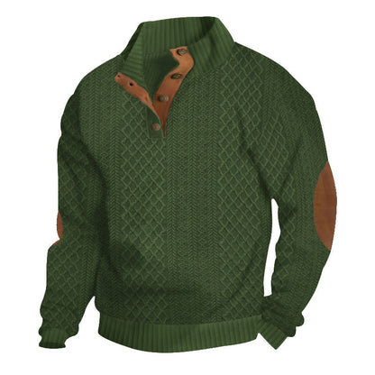 Men's wool cable knit sweater high collar button closure elbow patches Nordic heritage style