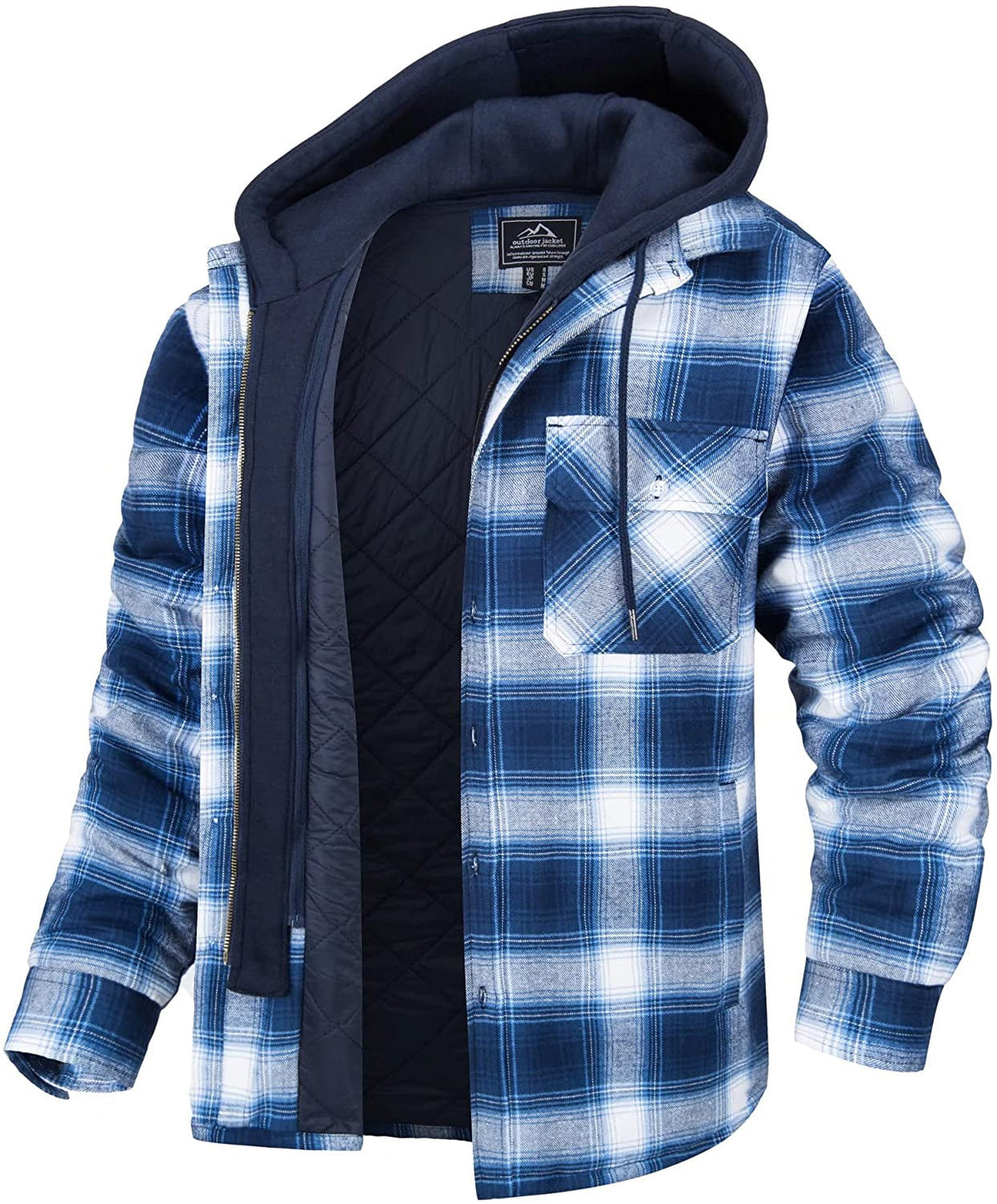 Men's plaid flannel shirt jacket relaxed fit with detachable hood, cozy winter outerwear