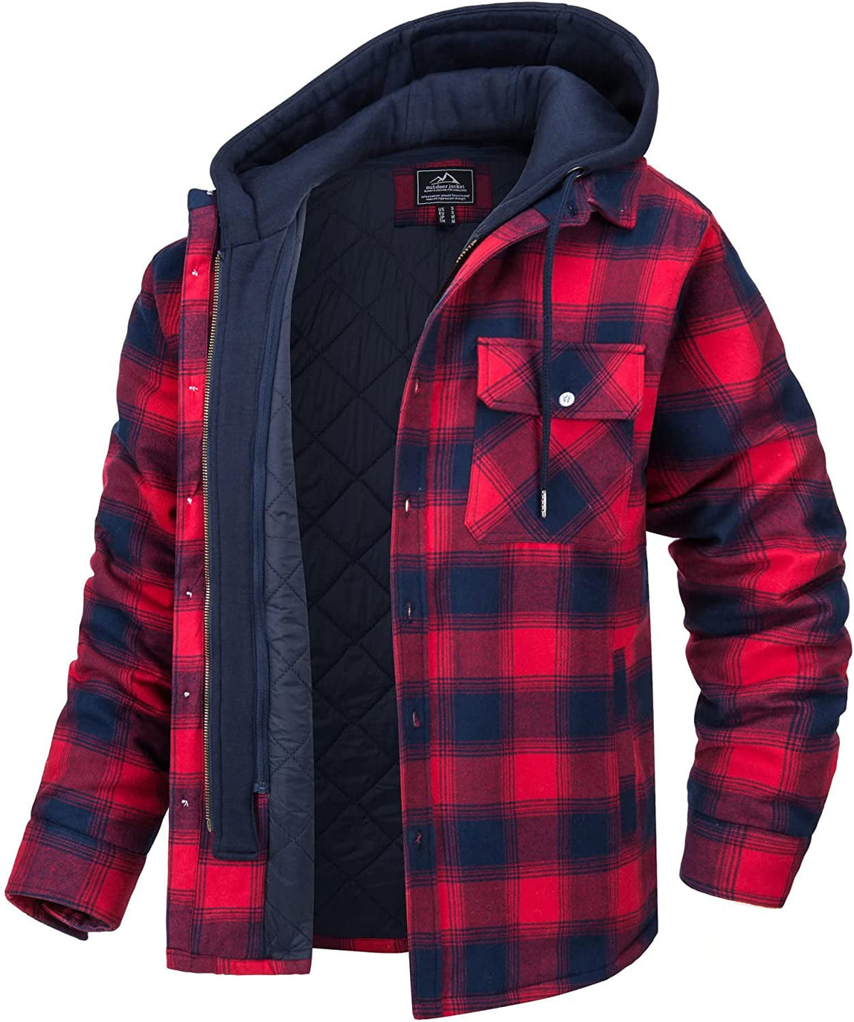 Men's plaid shirt jacket flannel lining detachable hood relaxed fit winter outerwear