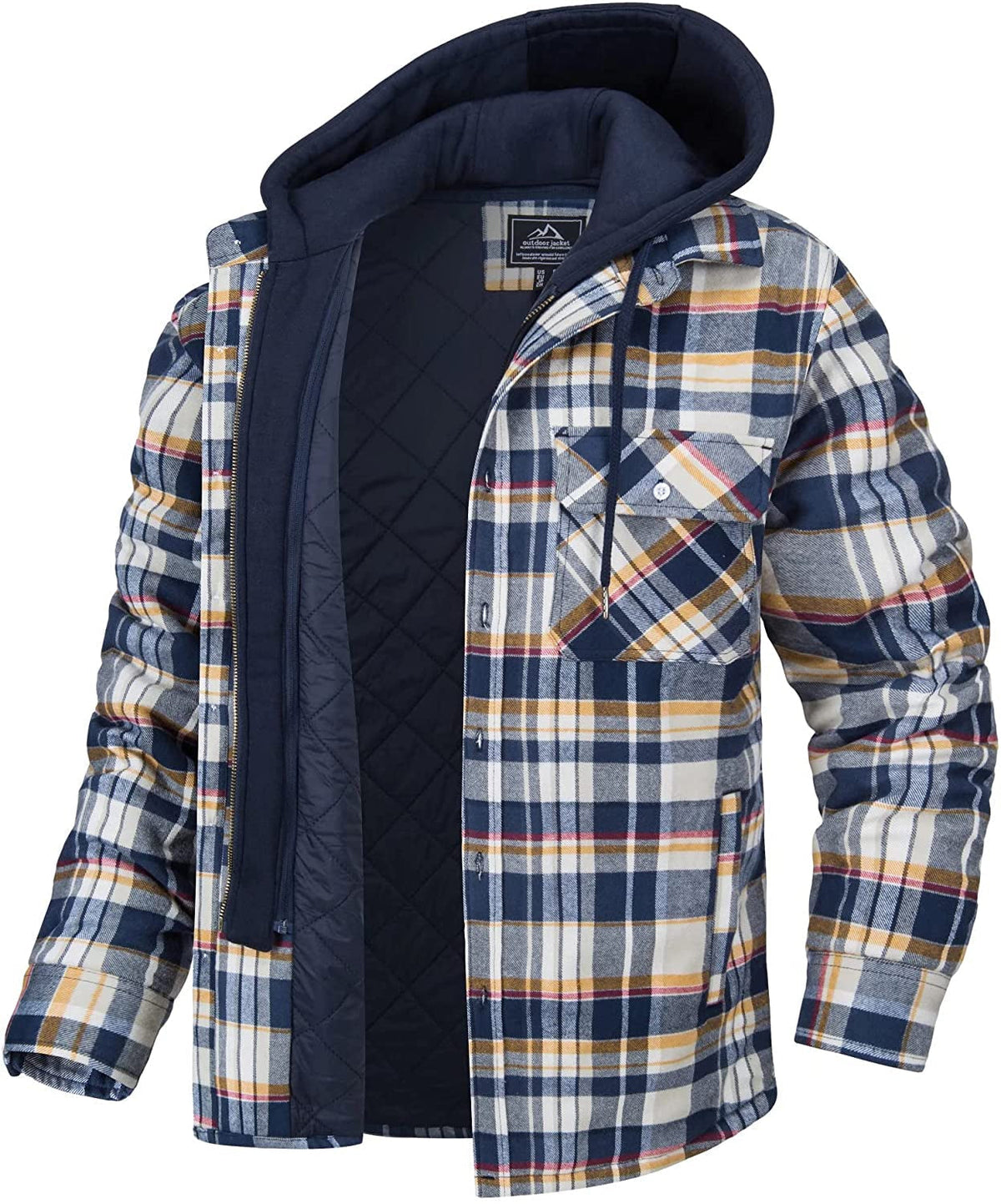 Men's plaid shirt jacket flannel lining detachable hood relaxed fit winter outerwear
