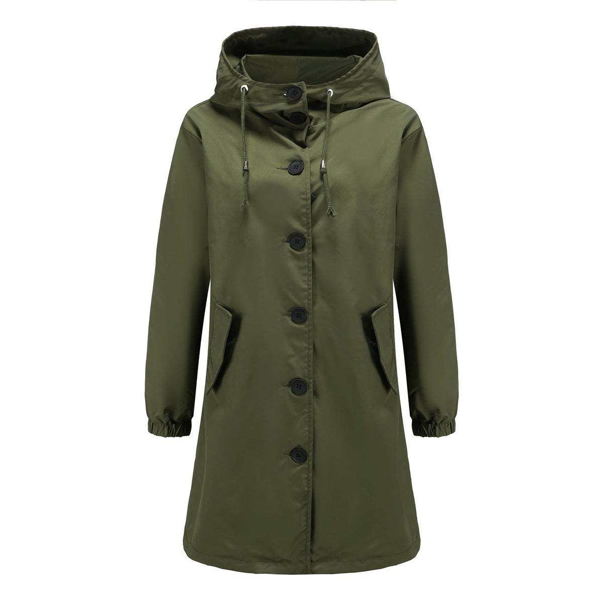 Women's navy A-line hooded raincoat with button front closure and drawstring waist, knee-length