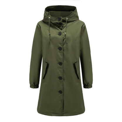 Women's navy A-line hooded raincoat with button front closure and drawstring waist, knee-length