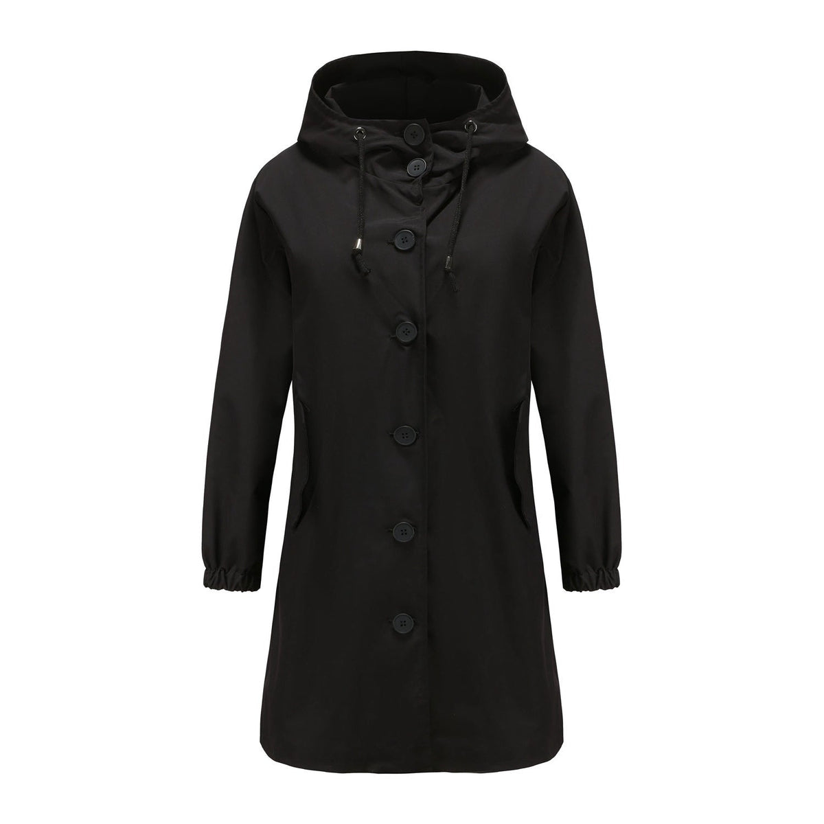 Navy waterproof rain jacket with drawstring hood, button closure, and flap pockets for all-season wear