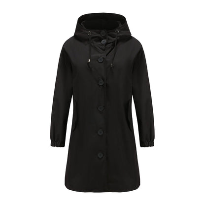 Navy waterproof rain jacket with drawstring hood, button closure, and flap pockets for all-season wear