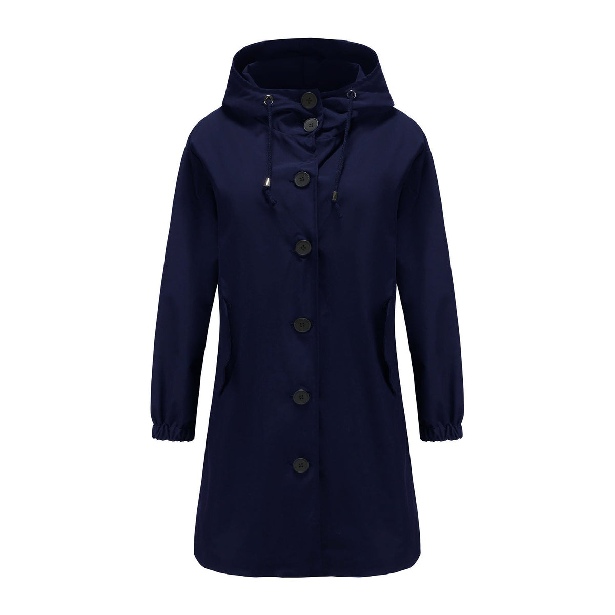 Women's navy blue A-line hooded raincoat with button front and adjustable drawstring, knee-length