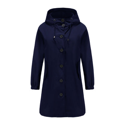 Navy waterproof rain jacket with drawstring hood, button closure, and roomy flap pockets for all-season wear