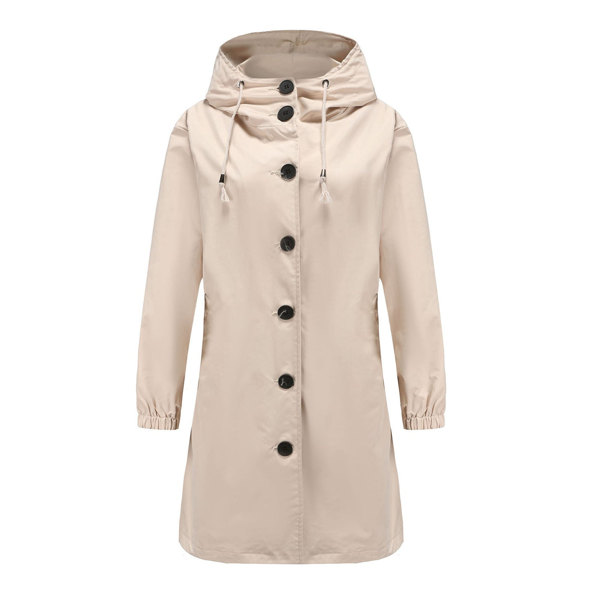 Women's navy blue A-line hooded raincoat with button front closure and drawstring waist, knee-length