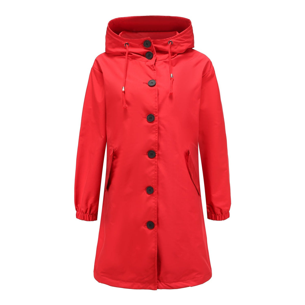 Women's navy blue A-line hooded raincoat with button front closure and drawstring waist, knee-length