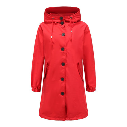 Women's navy blue A-line hooded raincoat with button front closure and drawstring waist, knee-length