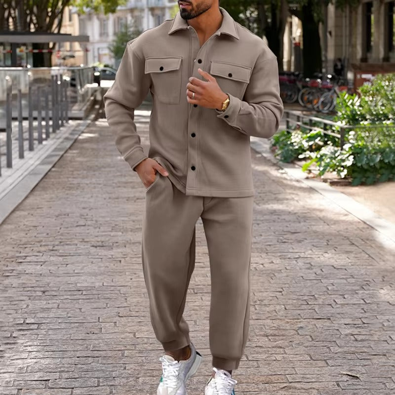Men's suede cargo jacket and pants two-piece set with multi-pocket design for autumn winter
