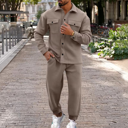 Men's suede cargo jacket and pants two-piece set with multi-pocket design for autumn winter