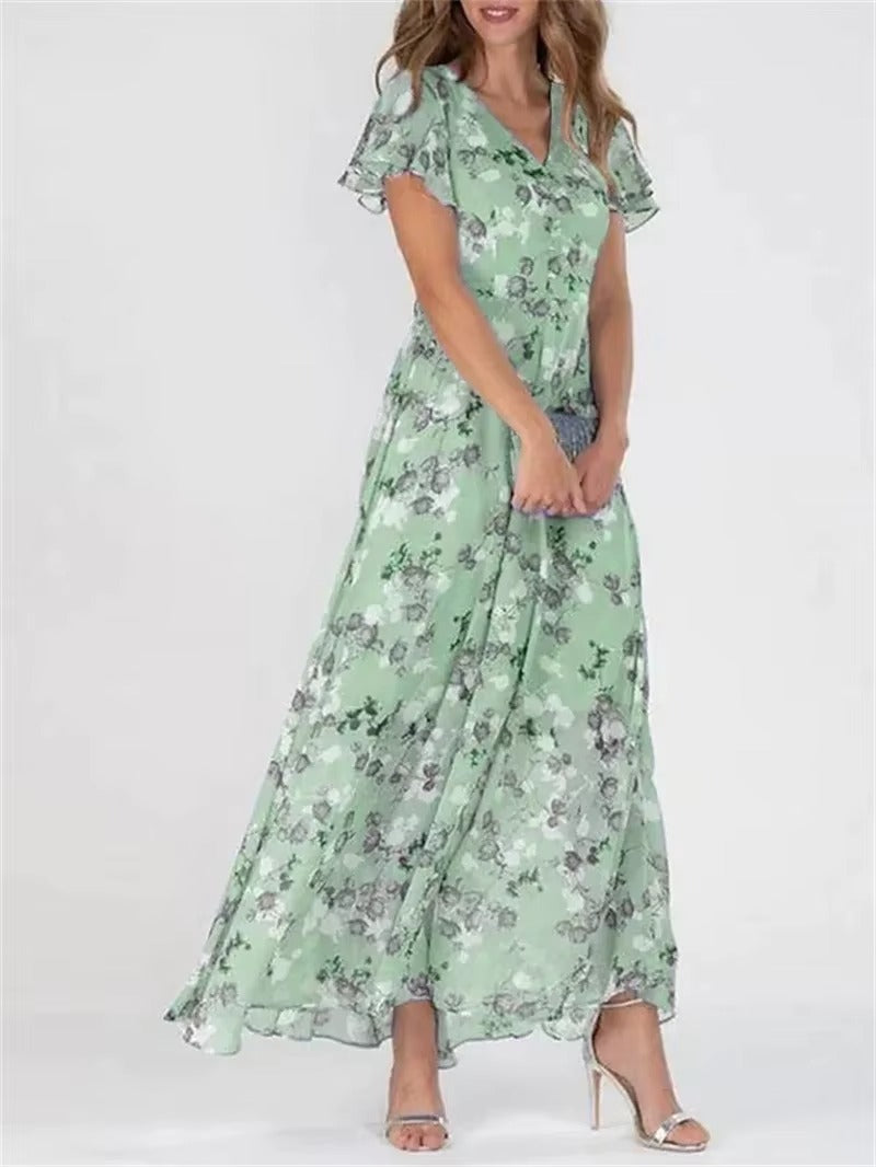 Women's floral high waist dress with V-neck, ruffle sleeves, elegant feminine silhouette