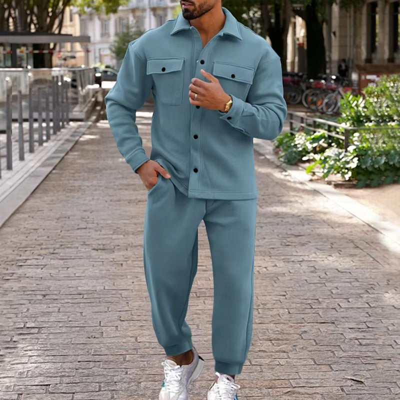 Men's brown suede cargo jacket and pants two-piece set with multi-pocket utility design