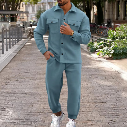 Men's brown suede cargo jacket and pants two-piece set with multi-pocket utility design