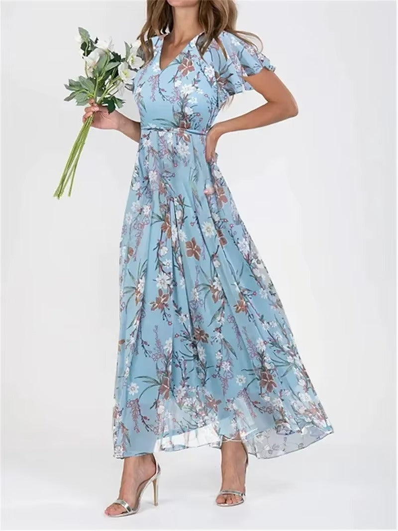 Women's floral high waist dress with V-neck, ruffle sleeves, elegant feminine silhouette