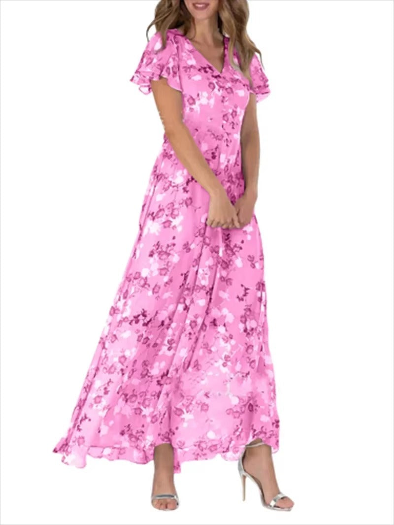 Women's floral high waist dress with V-neck, ruffle sleeves, elegant feminine silhouette
