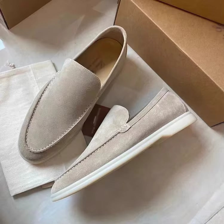 Men's genuine leather white slip-on loafers with cushioned comfort sole, clean minimalist style